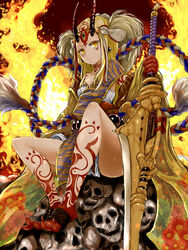  azure_luna beads blonde_hair claws closed_mouth commentary_request earrings expressionless facial_mark fate/grand_order fate_(series) female highres holding holding_sword holding_weapon horns ibaraki_douji_(fate) japanese_clothes jewelry kimono long_hair long_sleeves looking_at_viewer oni oni_horns prayer_beads rope shimenawa sitting skull slit_pupils solo sword tattoo weapon wide_sleeves yellow_eyes yellow_kimono 