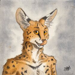  0laffson 2017 abstract_background anthro black_lips bust_portrait ears_up felid feline fur inner_ear_fluff licking_nose lips looking_at_viewer mammal markings open_mouth orange_eyes painting_(artwork) portrait serval signature solo spots spotted_body spotted_fur tan_body tan_fur teeth tongue tongue_out traditional_media_(artwork) tuft watercolor_(artwork) white_body white_fur 