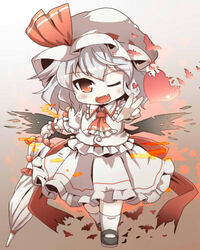  bat_wings chibi commentary_request dnk female hat heart lowres mob_cap one_eye_closed partial_commentary red_eyes remilia_scarlet ribbon short_hair smile solo touhou wings 