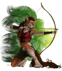  abstract_background anthro archer arm_guards armor arrow_(disambiguation) better_version_at_source biped bow_(weapon) bracers clothed clothing colby_(sf) deyvarah digitigrade ear_tuft equid equine felid feline female fur green_eyes hair horse hybrid kneeling long_hair long_tail lynx mammal mane multicolored_body multicolored_fur orange_body orange_fur ranged_weapon semper_fidelis shirt solo tail tank_top topwear tuft two_tone_body two_tone_fur weapon 