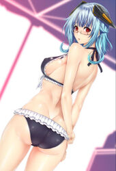  ass bikini black_bikini blue_hair blush breasts butt_crack commentary_request covered_nipples cowboy_shot dimples_of_venus female frilled_bikini frills from_behind glasses halterneck headgear infinite_stratos looking_at_viewer looking_back medium_breasts parted_lips red_eyes sarashiki_kanzashi semi-rimless_eyewear solo swimsuit under-rim_eyewear zucchini 