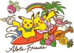  alolan_exeggutor bad_link bounsweet flower flower_ornament food fruit hula instrument leaf oricorio oricorio_(pa&#039;u) palm_tree pikachu pineapple pokemon pokemon_(creature) pokemon_sm rainbow sarong surfboard surfing_pikachu togedemaru tree ukulele waves 