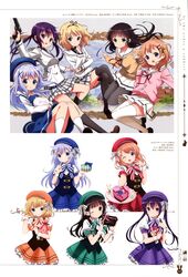  5girls absurdres adjusting_hair aqua_eyes black_footwear black_legwear black_necktie blonde_hair blue_eyes blue_hair blue_headwear blue_skirt breasts brown_footwear brown_hair closed_mouth gochuumon_wa_usagi_desu_ka? green_eyes green_headwear gun hair_ornament hairclip handgun highres holding holding_gun holding_weapon hoto_cocoa kafuu_chino kirima_syaro kneehighs loafers long_hair long_sleeves looking_at_viewer medium_breasts multiple_girls necktie official_art okuda_yousuke one_eye_closed open_mouth orange_headwear over-kneehighs page_number pantyhose parted_lips purple_eyes purple_hair purple_headwear red_headwear scan school_uniform shoes skirt socks tedeza_rize thighhighs tippy_(gochiusa) twintails ujimatsu_chiya valentine weapon white_legwear white_skirt wrist_cuffs x_hair_ornament 