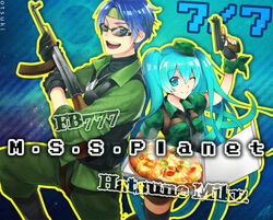  1boy aqua_eyes artist_name blue_eyes blue_hair character_name commentary_request copyright_name crossover dog_tags fb777 female food gloves gpnet gun handgun hat hatsune_miku headband long_hair m.s.s_project necktie one_eye_closed pizza rifle sunglasses twintails very_long_hair vocaloid weapon 