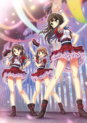  3girls :d bare_legs blouse blush boots brown_footwear brown_hair commentary_request confetti dekitate_evo!_revo!_generation!_(idolmaster) frilled_skirt frills from_below full_body green_eyes hand_on_own_hip hat highres holding holding_clothes holding_hat honda_mio idol idolmaster idolmaster_cinderella_girls long_legs microphone multiple_girls music new_generations_(idolmaster) open_mouth panties pantyshot red_skirt sash shibuya_rin shimamura_uzuki shirt singing skirt smile standing tougarashi_hideyu underwear unworn_hat unworn_headwear vest white_panties 