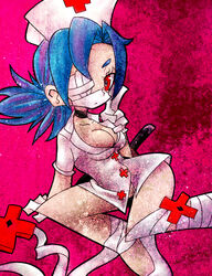  + bare_legs blue_hair breasts cleavage collar eyepatch female female hat mikudrop nurse nurse_cap nurse_uniform red_eyes short_hair skullgirls solo surgical_mask symbol-shaped_pupils valentine_(skullgirls) 