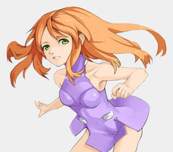  armpits collarbone commentary_request female green_eyes grey_background halterneck long_hair orange_hair original purple_skirt semidou_jun simple_background skirt solo 