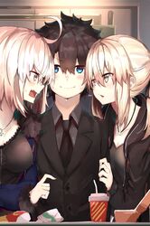  1boy 2girls absurdres ahoge angry arm_grab artoria_pendragon_(fate) black_hair black_jacket black_necktie black_shirt blonde_hair blue_eyes blue_jacket blush breasts check_commentary cleavage closed_mouth collared_shirt commentary commentary_request cup drinking_straw dripping eye_contact fast_food fate/grand_order fate/stay_night fate_(series) food fujimaru_ritsuka_(male) fujimaru_ritsuka_(male)_(royal_brand) fur-trimmed_jacket fur_trim girl_sandwich hair_between_eyes highres indoors jacket jeanne_d&#039;arc_alter_(fate) jeanne_d&#039;arc_alter_(ver._shinjuku_1999)_(fate) jewelry looking_at_another medium_breasts multiple_girls necklace necktie nervous_smile oerba_yun_fang official_alternate_costume open_clothes open_jacket open_mouth pendant ponytail ranf saber_alter saber_alter_(ver._shinjuku_1999)_(fate) sandwiched shirt short_hair small_breasts smile straight sweat table upper_body v-shaped_eyebrows wing_collar yellow_eyes 