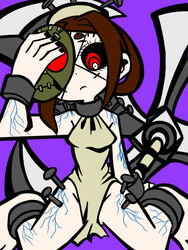  blade brown_hair carol_(skullgirls) collar cuffs female female mask mikudrop nail painwheel_(skullgirls) pale_skin red_eyes removing_mask scar shackles skullgirls solo stitches veins weapon 