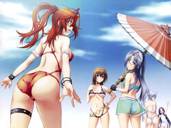  5girls absurdres arm_behind_back arm_up ass bare_shoulders bikini black_hair blue_sky bracelet breasts brown_eyes brown_hair cloud cloudy_sky collarbone day fingerless_gloves from_behind fundoshi garter_belt gloves gotou_matabei groin hand_on_own_chest hand_on_own_hip hattori_hanzou_(hyakka_ryouran) highres holding holding_umbrella hyakka_ryouran_samurai_girls japanese_clothes jewelry long_hair looking_at_viewer looking_back medium_breasts midriff multiple_girls navel nishii_(damnedrive) novel_illustration official_art oil-paper_umbrella one-piece_swimsuit open_mouth outdoors outstretched_arms photoshop_(medium) ponytail purple_eyes red_hair sanada_yukimura_(hyakka_ryouran) sarashi scan school_swimsuit short_hair sky smile stomach swimsuit tokugawa_sen umbrella waving white_one-piece_swimsuit wide_hips yagyuu_juubei_(hyakka_ryouran) 