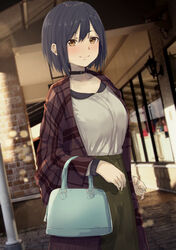  absurdres bag black_choker black_hair blurry blurry_background blush breasts brick_wall brown_eyes brown_jacket choker closed_mouth collarbone collared_shirt commentary day depth_of_field dress_shirt dutch_angle female fingernails green_skirt hair_between_eyes handbag high-waist_skirt highres jacket long_sleeves medium_breasts misaki_nonaka nijisanji open_clothes open_jacket outdoors shirt shirt_tucked_in shizuka_rin shizuka_rin_(4th_costume) short_hair skirt smile solo standing tented_shirt virtual_youtuber wall_lamp white_shirt window 