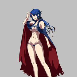  axia-chan breasts cape cleavage commentary_request contrapposto elesia extra_eyebrows female fingernails grey_background groin highres licking_lips long_fingernails long_hair low_ponytail lowleg lowleg_panties medium_breasts naked_cape navel panties solo tongue tongue_out torn_cape torn_clothes tsukihime underwear 