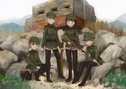  4girls artist_name black_legwear blonde_hair blue_eyes bolt_action brown_eyes brown_hair bunker commentary_request dated glasses green_eyes gun gun_sling handgun hat kanokoga kneeling long_hair looking_at_viewer mauser_98 military military_uniform mountain mp40 multiple_girls original photoshop_(medium) rifle rock scope short_hair signature sitting soldier standing submachine_gun thighhighs twintails uniform walther walther_p38 weapon world_war_ii world_witches_series zettai_ryouiki 