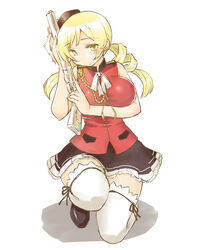  aiguillette amagi_brilliant_park beret black_skirt blonde_hair blush breasts commentary_request cosplay female gun hat impossible_clothes kogaku_kazuya large_breasts long_hair mahou_shoujo_madoka_magica mahou_shoujo_madoka_magica_(anime) musket on_one_knee ribbon sento_isuzu sento_isuzu_(cosplay) shadow simple_background skirt sleeveless smile solo thighhighs tomoe_mami weapon weapon_connection white_background white_thighhighs yellow_eyes 