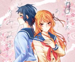  2girls akaji_(alpha0107) blue_eyes blue_hair blush braid brown_eyes commentary_request floating_hair floral_background from_side hair_ribbon hand_on_own_chest hime_cut inari_konkon_koi_iroha. long_hair long_sleeves multiple_girls orange_hair pink_background profile red_ribbon ribbon sanjou_keiko school_uniform serafuku short_hair side_braid sumizome_akemi wind yuri 