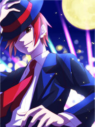  1boy bad_id bad_pixiv_id collared_shirt commentary_request fedora hair_over_one_eye hand_on_own_hip hat long_sleeves looking_at_viewer moon necktie night night_sky phantom_r red_hair red_necktie rhythm_kaitou_r shirt sky stage_lights white_shirt yukino_(yuki_00) 