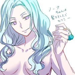  alternate_hairstyle aqua_hair breasts breasts_apart commentary_request death_parade female hair_censor long_hair medium_breasts nona_(death_parade) nude purple_eyes solo taneko_(motitto092) 