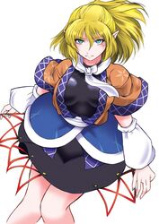  angeldust blonde_hair blue_eyes breasts commentary_request detached_sleeves female hair_between_eyes knees_together_feet_apart looking_at_viewer medium_breasts mizuhashi_parsee pointy_ears scarf solo touhou white_background wide_sleeves 