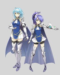  2girls ahoge aqua_hair armor bike_shorts black_legwear braid cape covered_navel full_body gauntlets greaves hairband long_hair looking_at_viewer multiple_girls neckerchief nonaka_kurumi nonaka_yuki ookuma_nekosuke photoshop_(medium) pigeon-toed pleated_skirt ponytail purple_hair scrunchie shinmai_maou_no_testament siblings side_braid sisters skirt swept_bangs sword thighhighs weapon yellow_eyes zettai_ryouiki 