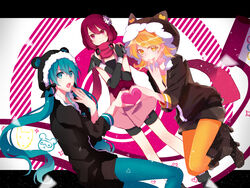  3girls aqua_eyes aqua_hair aqua_pantyhose bad_id bad_pixiv_id blonde_hair boots bridal_gauntlets collaboration dual_wielding flower frown hair_flower hair_ornament hatsune_miku heart heart_hands heart_hands_duo highres holding hood hoodie kagamine_rin kaminaka kunai kunoichi_demo_koi_ga_shitai_(vocaloid) letterboxed long_hair meron multiple_girls ninja open_mouth pantyhose pink_eyes red_hair reverse_grip scarf short_hair shorts tongue twintails very_long_hair vocaloid weapon yellow_eyes yellow_legwear 