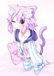  animal_ears cat_ears cat_tail commentary_request d-pad d-pad_hair_ornament eencya female hair_ornament hood hooded_track_jacket jacket messy_hair neptune_(neptunia) neptune_(series) one_eye_closed open_clothes pillow purple_eyes purple_hair sleepy striped_clothes striped_thighhighs tail thighhighs track_jacket 