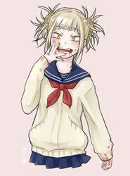  bangs blonde_hair blood blue_skirt blunt_bangs boku_no_hero_academia cardigan double_bun fangs female hair_bun messy_hair no_legs open_mouth pleated pleated_skirt school_uniform serafuku skirt solo toga_himiko yellow_eyes 