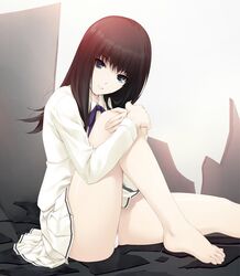  barefoot black_hair blue_eyes feet hands_on_knees head_tilt kara_no_shoujo kuchiki_toko long_hair panchira pantsu ribbon school_uniform skirt thighhighs 