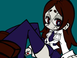  blue_legwear brown_hair carol_(skullgirls) female female long_hair mikudrop necktie red_eyes scar school_uniform skirt skullgirls solo stitches thighhighs tie 