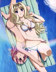  2girls absurdres afloat armpits arms_up bad_id bad_yandere_id barefoot between_breasts between_legs bikini black_hairband black_ribbon blonde_hair blue_eyes blush breasts cleavage clenched_hand collarbone day dutch_angle embarrassed feet from_above from_side front-tie_bikini_top front-tie_top grin groin hair_intakes hair_ornament hair_ribbon hairband hairclip halterneck hand_on_own_hip hand_up high_ponytail highres inflatable_raft katou_yasuhisa knee_up kusugawa_sasara lace lace-trimmed_bikini lace_trim legs_together long_hair lying maaryan_(to_heart) medium_breasts medium_hair megami_magazine multiple_girls official_art on_back on_side open_mouth outdoors parted_bangs pink_bikini pink_hair ponytail rainbow raised_eyebrows reflection ribbon scan shiny_skin side-tie_bikini_bottom sidelocks small_breasts smile string_bikini striped_bikini striped_clothes sunlight surprised swimsuit thigh_grab to_heart_(series) to_heart_2 underboob water wet wet_hair white_bikini yanagisawa_masahide yuri 