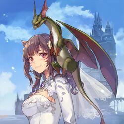  animal_ears blush bridal_veil brown_hair castle cleavage_cutout clothing_cutout cloud commentary_request day dragon dress female final_fantasy final_fantasy_xiv long_hair midgardsormr_(final_fantasy) miqo&#039;te momoko_(momopoco) outdoors red_eyes shirt slit_pupils upper_body veil warrior_of_light_(ff14) wedding_dress 