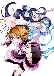  2girls arm_warmers blue_eyes blue_hair boots bow brooch brown_eyes brown_hair commentary_request cure_black cure_white dress earrings futari_wa_precure gloves grin hairbow half_updo heart heart_brooch highres jewelry knee_boots leg_warmers long_hair magical_girl mikan_(mikataaaa) misumi_nagisa multiple_girls precure ribbon short_hair smile yukishiro_honoka 