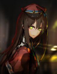  angry brown_hair commentary_request dekitate_evo!_revo!_generation!_(idolmaster) female glowing glowing_eyes green_eyes hat highres idolmaster idolmaster_cinderella_girls long_hair looking_at_viewer lowlight_kirilenko md5_mismatch photoshop_(medium) profile shibuya_rin solo 