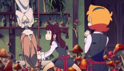  3girls animated hair_over_one_eye hanging kagari_atsuko little_witch_academia long_hair lotte_yanson multiple_girls mushroom orange_hair sucy_manbavaran 