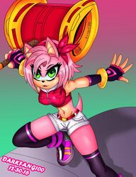  2016 accessory amy_rose anthro bottomwear clothing crop_top cyan_background darkfang100 eulipotyphlan female footwear fur gloves gradient_background green_eyes hair hair_accessory hairband hammer handwear hedgehog hi_res legwear mammal melee_weapon navel piko_piko_hammer pink_background pink_body pink_fur pink_hair sega shirt shoes shorts simple_background solo sonic_the_hedgehog_(series) thigh_highs tools topwear weapon 