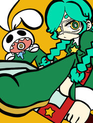  annie_(skullgirls) annie_of_the_stars braid eyepatch female female green_eyes green_hair green_legwear mikudrop parasite sagan_(skullgirls) saliva skullgirls stuffed_animal stuffed_toy sword thighhighs twin_braids weapon yellow_eyes 