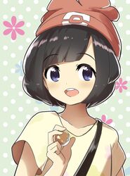  bad_id bad_pixiv_id beanie black_hair blue_eyes blush commentary_request female floral_print hat highres holding holding_poke_ball naga_(naga54321) open_mouth poke_ball poke_ball_print pokemon pokemon_sm polka_dot polka_dot_background red_hat round_teeth selene_(pokemon) shirt short_hair short_sleeves solo swept_bangs t-shirt teeth upper_body 