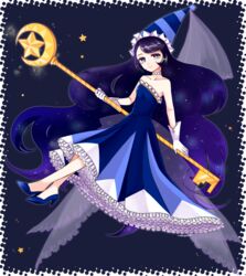  bad_id bad_pixiv_id black_hair blue_dress choker cookie_run dress female full_body gloves green_(wintergreen) hat humanization key long_hair looking_at_viewer moonlight_cookie purple_eyes smile solo staff strapless strapless_dress very_long_hair white_gloves 