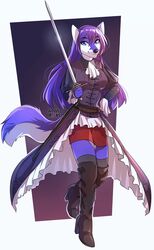  anthro black_nose blue_eyes blue_hair boots canid canine canis clothed clothing female fencing_dress fluffy fluffy_tail footwear fur hair hi_res high_heeled_boots high_heels hihikori knee_boots knee_highs legwear looking_at_viewer lucia_(grey_wolf_570) mammal melee_weapon simple_background solo standing sword tail weapon wolf 