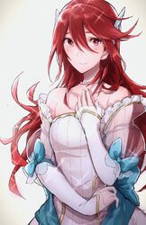  aiueo1234853 bad_id bad_twitter_id bare_shoulders closed_mouth commentary_request cordelia_(bridal)_(fire_emblem) cordelia_(fire_emblem) dress female fire_emblem fire_emblem_awakening fire_emblem_heroes grey_background hair_ornament highres jewelry long_hair necklace pearl_necklace red_eyes red_hair simple_background sleeveless sleeveless_dress smile solo upper_body wedding_dress white_dress 