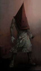  1boy blood commentary_request gloves great_knife hat helmet highres katekari_yuusuke male_focus monster pale_skin pyramid_head silent_hill_(series) silent_hill_2 solo sword weapon 