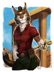  ankh anthro belt belt_pack brown_body brown_fur brown_hair c.t.elder chest_tuft clothed clothing colby_(sf) day equid equine felid feline female fur green_eyes hair horse hybrid jewelry looking_at_viewer lynx mammal mane necklace outside pendant ruins semper_fidelis sky solo standing tuft white_body white_fur 