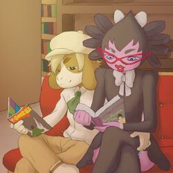  1:1 alternative_fashion anthro book comic_book date detailed_background duo eyewear female generation_2_pokemon generation_5_pokemon glasses goth gothitelle humanoid leo_(velociripper) library male nintendo pokemon pokemon_(species) pristine_(velociripper) purple_body reading sabely sitting smeargle 