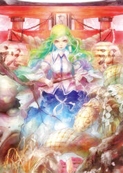  animal bad_id bad_pixiv_id barefoot detached_sleeves female frog_hair_ornament gohei green_hair hair_ornament hair_tubes highres hogecomhoge japanese_clothes kochiya_sanae long_hair long_sleeves looking_at_viewer miko mishaguji photoshop_(medium) rope shide shimenawa shirt skirt snake snake_hair_ornament torii touhou wide_sleeves 