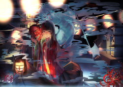  black_hair brown_eyes commentary_request facepaint female japanese_clothes kimono lantern layered_clothes layered_kimono long_hair looking_at_viewer mask original rifsom smoke solo tears wide_sleeves wig 