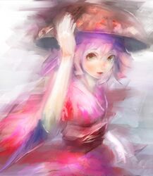  bad_id bad_twitter_id bowl dress female hogecomhoge japanese_clothes kimono light_purple_hair looking_at_viewer obi object_on_head pink_kimono red_dress sash short_hair smile solo sukuna_shinmyoumaru touhou 