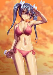  bikini blue_hair cometch commentary_request female long_hair orange_eyes original pink_bikini solo sunset swimsuit twintails 