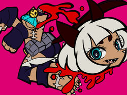  animal_ears blood blue_eyes bob_cut breasts cat_ears claws feet female female fingerless_gloves gloves midriff mikudrop ms._fortune_(skullgirls) nadia_fortune severed_head short_hair shorts skullgirls sleeveless sleeveless_turtleneck solo tail teeth turtleneck underboob white_hair 