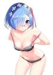  bespectacled black_bra black_legwear blue_eyes blue_hair blush bra breasts cleavage glasses hair_ornament hair_over_one_eye leaning_forward looking_at_map medium_breasts over-rim_eyewear panties re:zero_kara_hajimeru_isekai_seikatsu rem_(re:zero) semi-rimless_eyewear short_hair solo strap_gap strap_slip sweat underwear white_background x_hair_ornament yasuyuki 