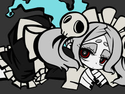  bloody_marie_(skullgirls) female female gray_hair grey_hair hair_ornament laying_down lying maid maid_uniform mikudrop pale_skin red_eyes short_hair skull-shaped_pupils skull_hair_ornament skullgirls solo symbol-shaped_pupils 