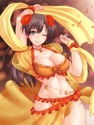  ;) arm_up bell blue_eyes bracelet breasts brown_hair cleavage commentary_request earrings fate/grand_order fate_(series) female flower frills hair_flower hair_ornament hoop_earrings jewelry large_breasts long_hair looking_at_viewer mata_hari_(fate) navel one_eye_closed red_flower see-through smile solo standing suzuki_sakura 